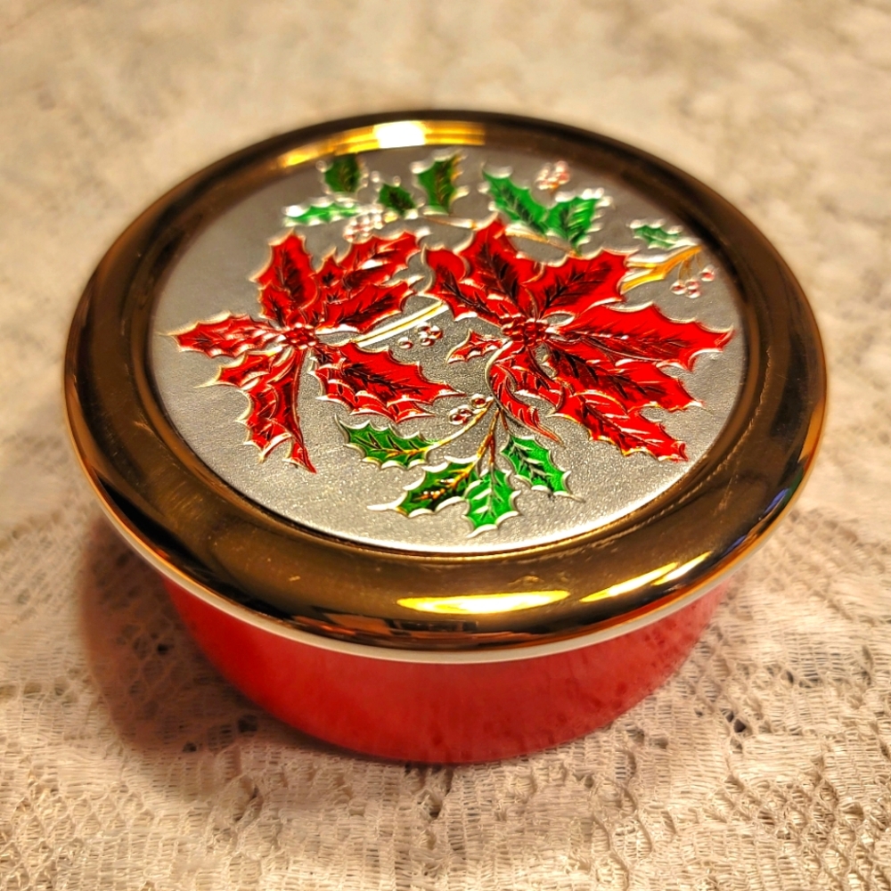 VTG Christmas Poinsettia Chokin Jamestown China Trinket Jar With Original Box